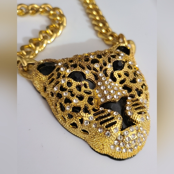 Leopard cheetah chunky chain necklace Rhinestones gold black enamel Rhianna - Picture 7 of 12